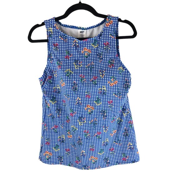 Lands End Chlorine Resist High Neck UPF 50 Modest Tankini Top Blue Checker 2 - Picture 1 of 3